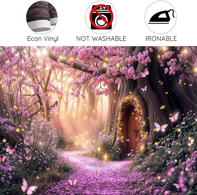 10X8ft Enchanted Forest Backdrop Fairy Tale Purple Garden Wonderland Tree House Floral Background for Kids Girl Baby Shower Birthday Party Decoration Banner Cake Table Photo Booth Props