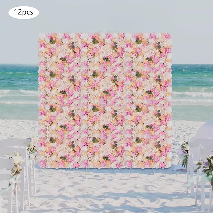 12PCS Flower Wall Panels, 3D Silk Floral Wall Backdrop, Realistic Pink Rose Flower Backplanes, Roll Up Fake Flower Background for Valentines Wedding Party Home Decoration