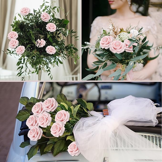 Artificial Flowers Blush Roses 100PCS Real Looking Foam Fake Roses with Leaves and for DIY Wedding Bouquets Bridal Shower Centerpieces Party Decorations (Light Pink, 100)