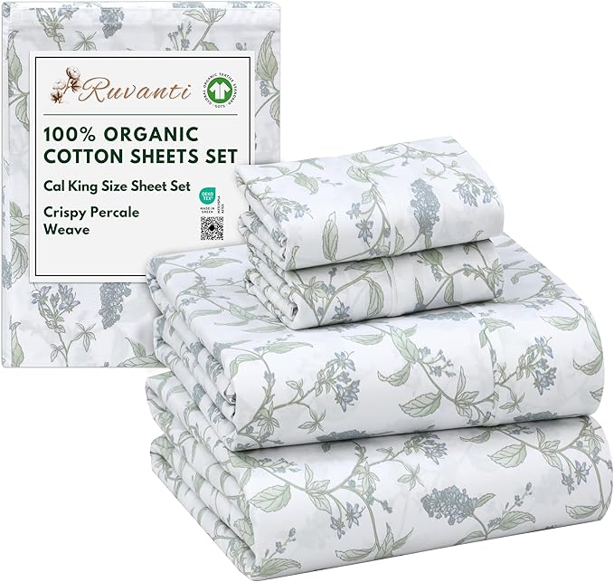 RUVANTI 100% Organic Cotton Sheets California King, Percale Weave, GOTS Certified, 4-Piece Set, Deep Pocket 13", Crisp & Breathable, Soft Durable Bedding, Sábanas Algodón Orgánico – Vine Yard
