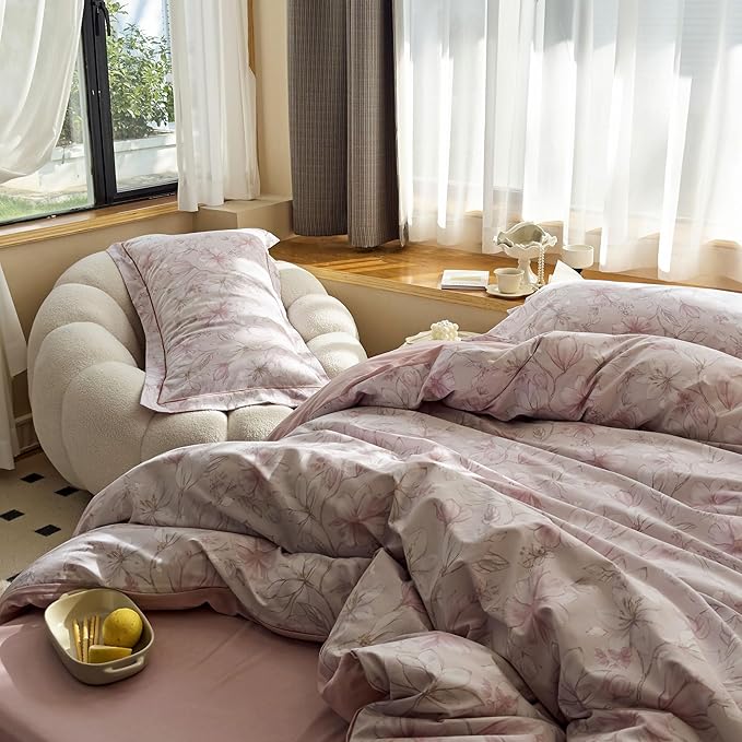 AOJIM Pink Floral Printed Duvet Cover Set for Kids Adults, Soft 100% Cotton Comforter Cover Set 3pcs, 1 Aesthetic Gardenia Quilt Cover King Size and 2 Matching Pillowcases for Room Decor, No Quilt