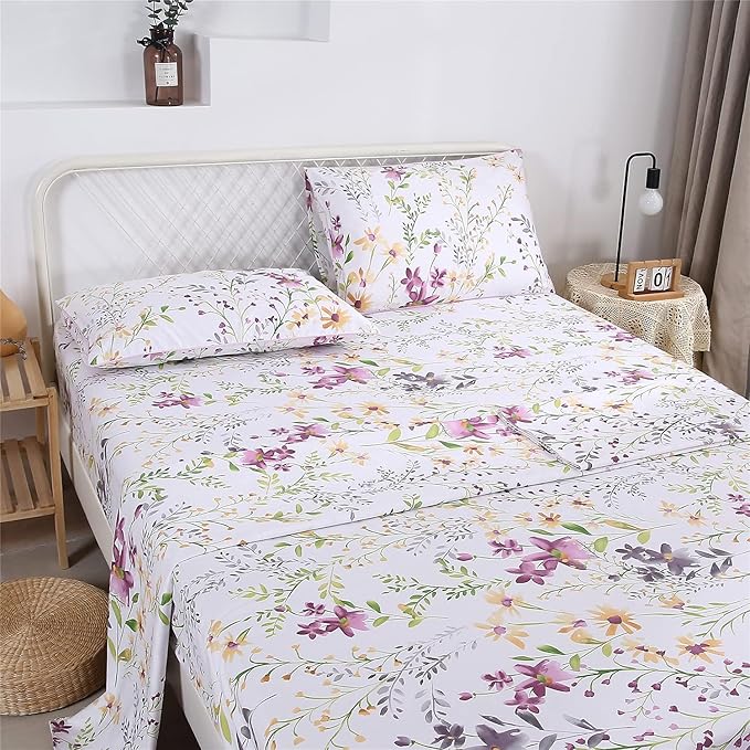 RYNGHIPY Cotton Floral Bed Sheet Set King Size Botanical Flowers Print Bedding Shabby Garden Floral Bed Sheets