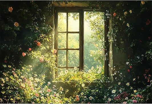 Baocicco 9x6ft Spring Window Photography Backdrops Sunshine Oil Painting Flowers Background Cloth for Marriage Valentines Mothers Day Engagement Party Decoration Photo Props Background Supplies