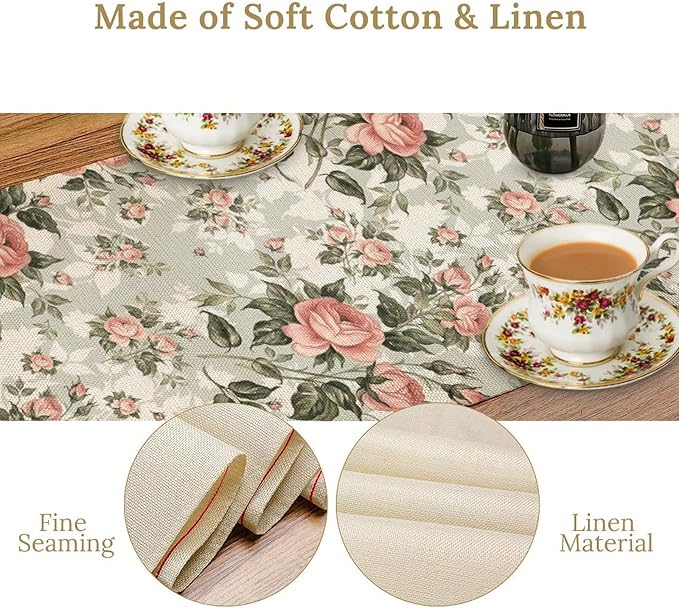 Rose Floral Table Runner, Green Pink Rose Leaf Classic Vintage Decorative Table Runner for Kitchen Dining Party Wedding Home Decor, 13x36 Inch