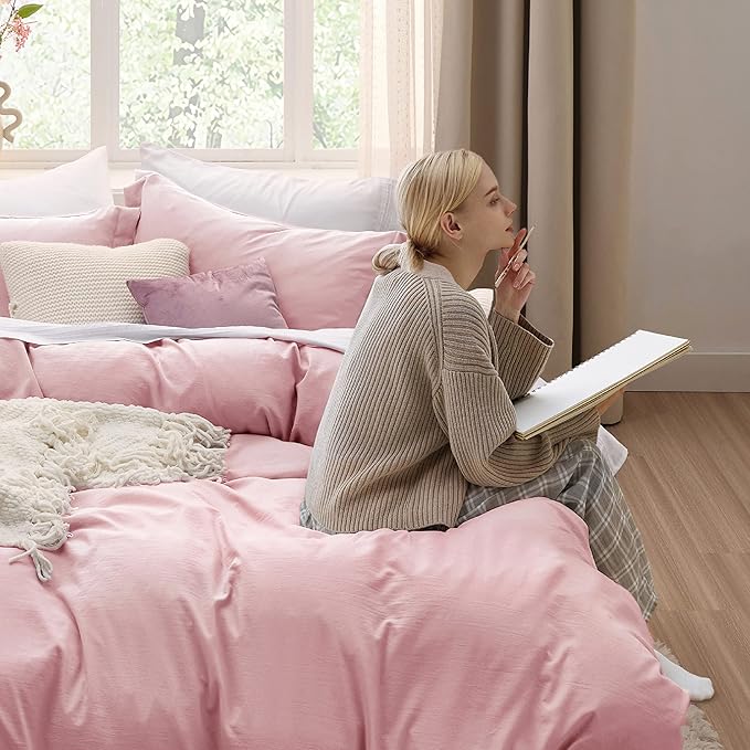 Bedsure Pink Duvet Cover Full Size - 3 Pieces Prewashed Extra Soft Cotton-Like Bedding Set, Includes 1 Duvet Cover 80x90 Inches with Zipper Closure & 2 Pillow Shams, Comforter Not Included