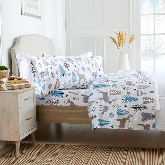 Market & Place 100% Turkish Cotton Flannel Sheet Set | 4 Piece Deep Pocket Novelty Cozy Winter Bed Sheets | Double Brushed for Extra Softness & Comfort | Alpine Collection (Full, Holiday Deer)