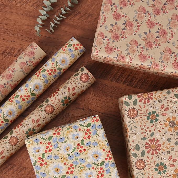 Aimyoo Watercolor Floral Kraft Wrapping Paper Roll, All Occasion Vintage Flower Gift Wrap for Wedding Birthday Bridal Shower, 17 inch x 10 ft