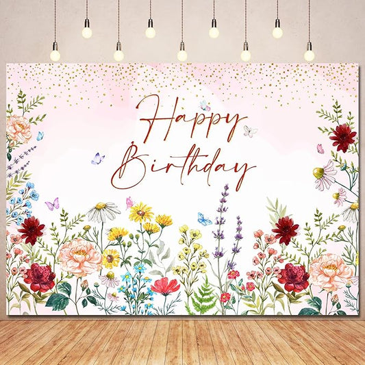 Wildflower Happy Birthday Backdrop Banner Girls Floral Birthday Decorations,Spring Watercolor Wildflower Bday Background Women Girls Wild Flowers Theme 1st Birthday Party Decor Photo Booth Props 5x3ft