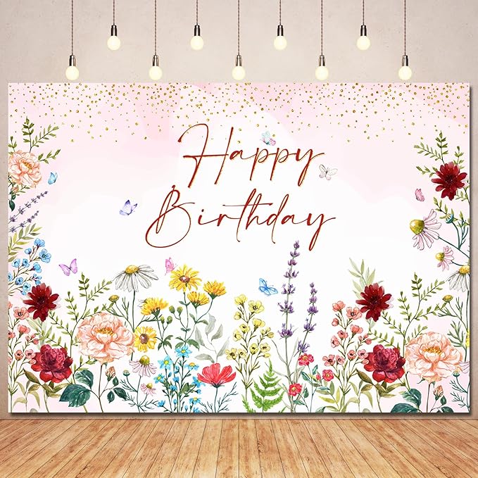 Wildflower Happy Birthday Backdrop Banner Girls Floral Birthday Decorations,Spring Watercolor Wild Flower Bday Background Women Girls Wildflower Theme 1st Birthday Party Decor Photo Booth Props 10x7ft