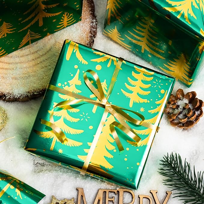 MAYPLUSS Vintage Green Christmas Wrapping Paper Roll - 17 Inch X 33 Feet - Metallic Gold Foil Christmas Tree On Green Flat Wrap Paper Sheet for Holiday, Winter, Party, DIY Crafts & Festive Decoration