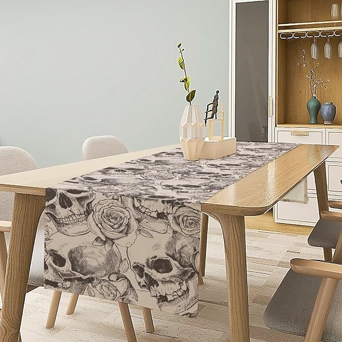 Gothic Table Runner,White Skull Floral Print Table Runner for Home Kitchen Table Dining Garden Farmhouse Wedding Party Decor 13x36 Inch