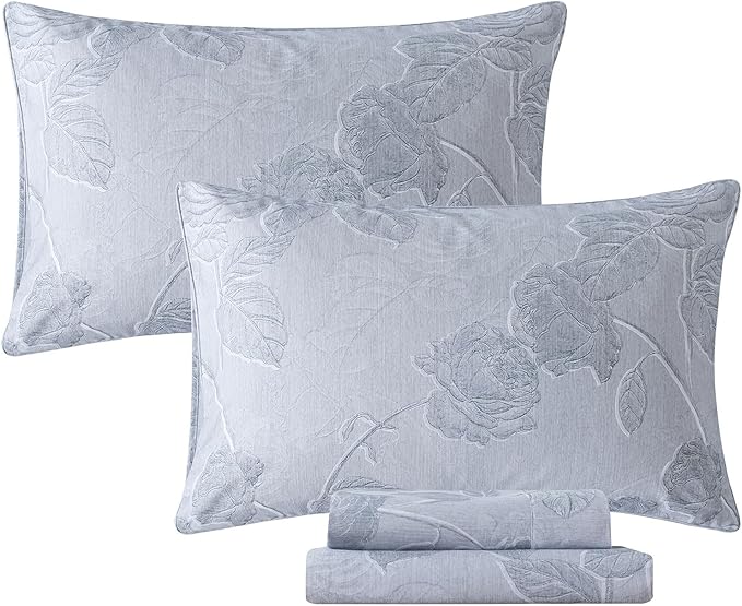 FADFAY Grey Vintage Floral King Size Sheets Set 100% Brushed Cotton Shabby Rose Flower Pattern Bedding Set Deep Pocket Sheets with 2 Pillowcases Luxury Breathable Soft 4pcs, King Size