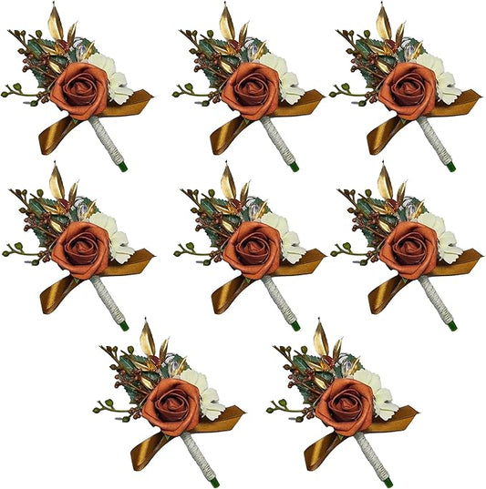 Orange Rose Boutonniere for Men 8 Pcs-Groomsmen and Groom Boutonniere for Wedding, Prom and Anniversary,Formal Dinner Party & Ring Bearer Accessories(O)