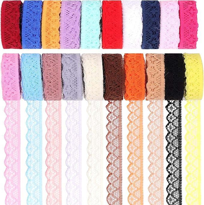 Swpeet 20 Rolls in Total 200 Yards 1.5cm×10 Yards Colorful Lace Ribbon Floral Pattern Fabric Lace Ribbon, Vintage Lacing Trim Ribbons, Crafting Lacing for Decorating, Gift Wrapping, Wedding
