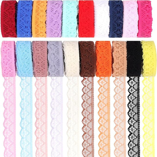 Swpeet 20 Rolls in Total 200 Yards 1.5cm×10 Yards Colorful Lace Ribbon Floral Pattern Fabric Lace Ribbon, Vintage Lacing Trim Ribbons, Crafting Lacing for Decorating, Gift Wrapping, Wedding