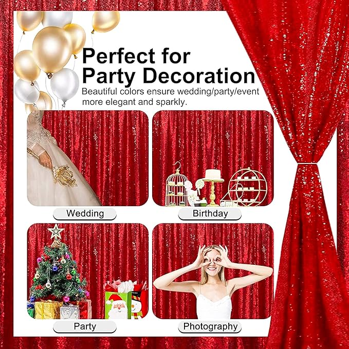 Red Sequin Backdrop Curtain 10FTx10FT 1 Panel Stage Sparkly Photography Background Drapes for Wedding Birthday Bridal Party Sparkle Background Party Decor