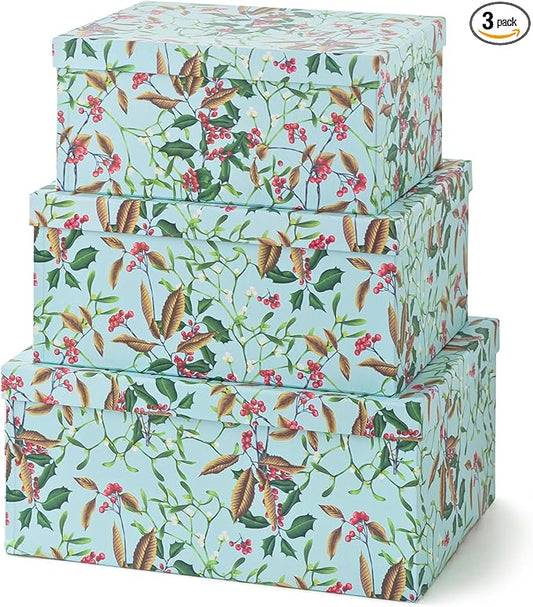 Soul & Lane Winter Berries Cardboard Boxes - Set of 3: Decorative Storage Boxes with Lids, Paper Mache Cardboard Nesting Containers, Christmas Winter Photo Cartons, Stacking Gift Wrap Storage