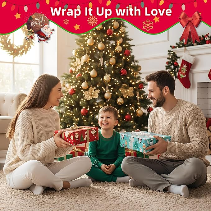Christmas Wrapping Paper (4 Rolls, 93 sq. ft. ttl): Funny Snowmen, Snowflakes, Reindeer, Bear, Christmas Trees and Santa Claus with Gifts Design for Holiday Gift Wrap- 17 Inches x 16.5 Feet Per Roll