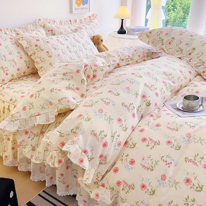 EAVD French Garden Pink Flower Duvet Cover Twin with Ruffles Soft Cotton Shabby Chic Cute Flower Bedding Set for Girls Boys with 2 Pillowcases Aesthetic Botanical Duvet Cover with Zipper Closure