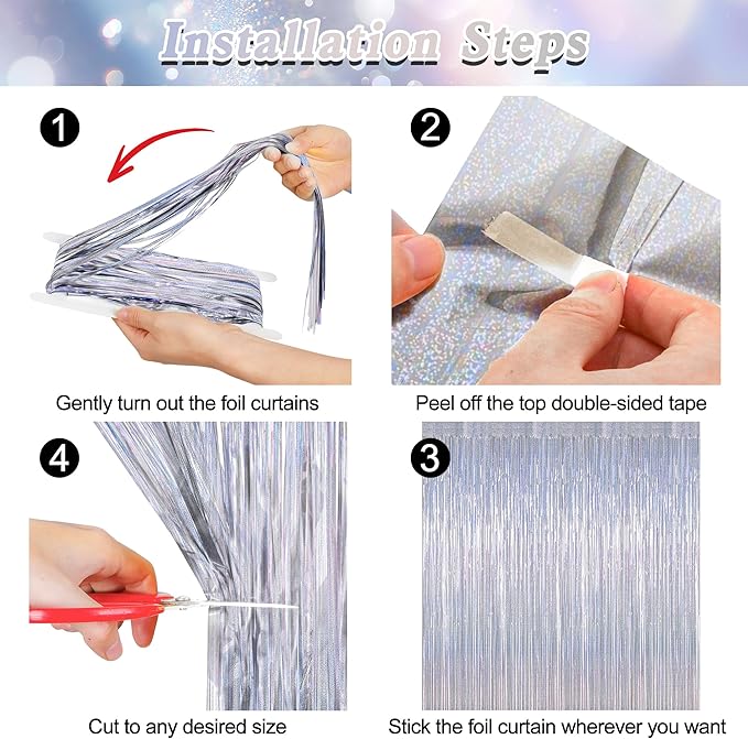 4 Pack New Year Party Fringe Backdrop, 3.28 FT x 7.05 FT Glitter Silver Tinsel Curtains, Metallic Foil Streamer Disco Fringe Backdrop Party Curtains, Birthday Party Supplies Disco Decorations