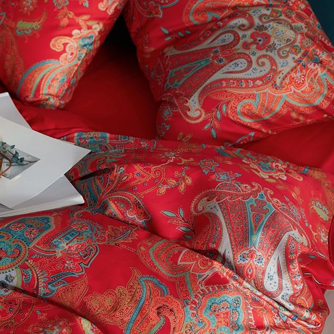 Vintage Red Floral Duvet Cover King Percale Long Staple Cotton Comforter Cover Floral Paisley Farmhouse Boho Flower Jacquard Bedding Set King Luxury Floral Red Duvet Cover with Zipper Ties