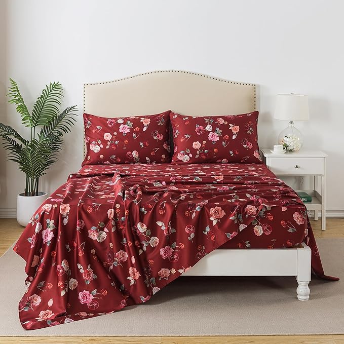 FADFAY Red Rose Sheets Set Twin Vintage Rose Floral Bedding Chic Rose Flower Bed Sheets Shabby Farmhouse Bedding 100% Percale Egyptian Cotton 800 Thread Count Deep Pocket Fitted Sheet 4Pcs, Twin Size