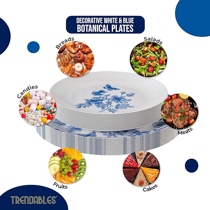 Trendables Plastic Plates For Party Supplies, Floral Disposable Plates For Party & Weddings 40 Pcs - 20 x 8 Dessert Plates & 20 x 10 Plastic Dinner Plates, Plate Set Disposable Dinnerware Sets