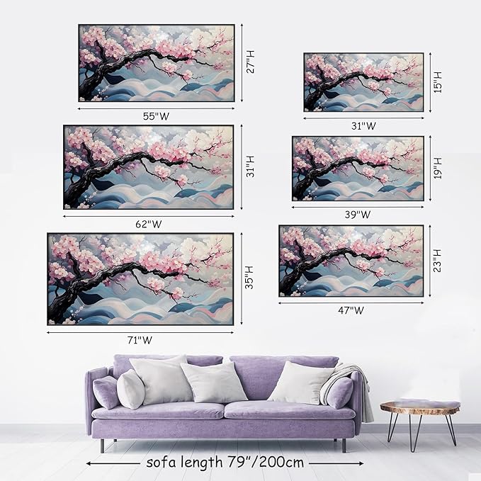 Japanese Cherry Blossom Canvas Wall Art, Sakura Tree Canvas Print, Pink Floral Pictures, Cherry Blossom Tree Wall Art, Flower Branch Decor, Nature Prints for Living Room (Gold Framed, 47"x23" | 120x60cm)