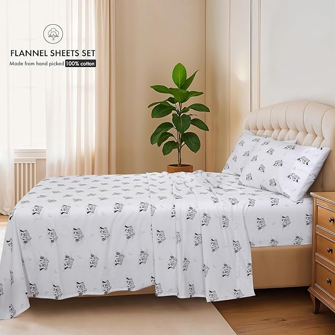 RUVANTI Flannel Sheets California King Size - 100% Cotton Brushed Cal King Bed Sheets Set - Deep Pockets 14 Inches - All Seasons Breathable & Extra Soft - Warm & Cozy, 4 Piece, Soul Dog White