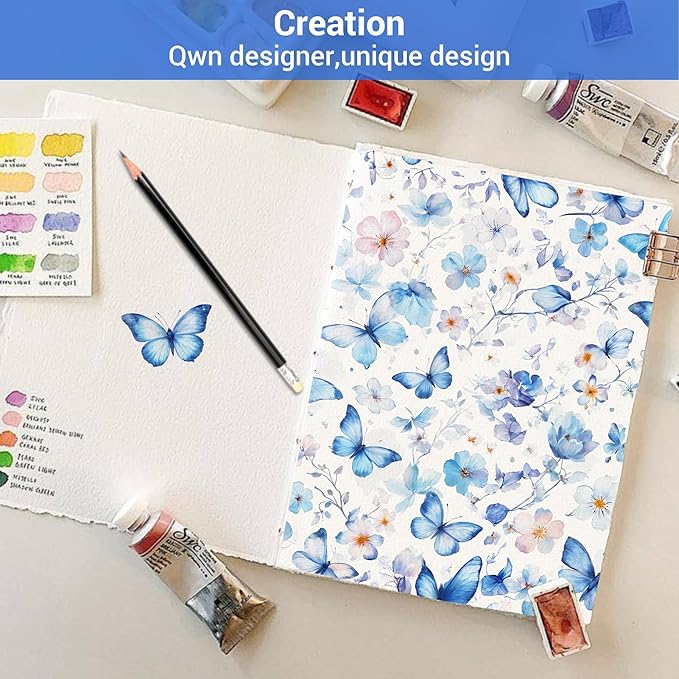 Softan Queen Floral Sheets, Microfiber Blue Flower Printed Fitted Sheets with Non-Slip Corner Straps and 15" Deep Pocket, Butterfly Patterned Cozy Bed Sheets & Pillowcase Sets