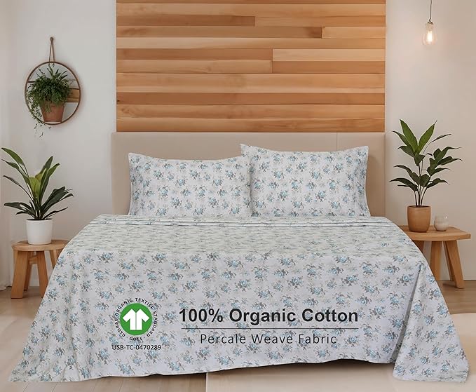 RUVANTI 100% Organic Cotton Sheets Twin Size, Percale Weave, GOTS Certified, 3-Piece Set, Deep Pocket 15", Crisp & Breathable, Soft Durable Bedding, Sábanas Algodón Orgánico – Blue Rose