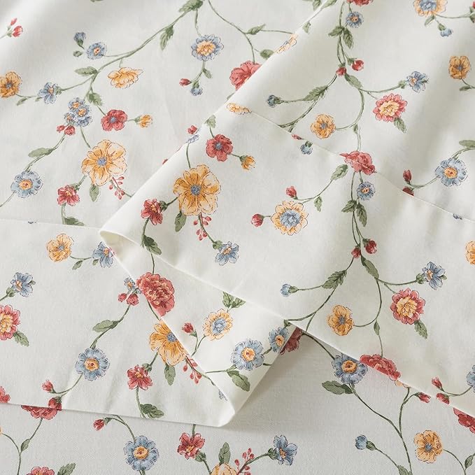 Zusbest King Size Sheets 100% Percale Cotton Off White Floral Bed Sheet Set, Brushed for Extra Softness, Breathable Luxury Flannel Sheets Like Pink Flower Print Deep Pocket Bed Set 17.5'' 4 Pcs