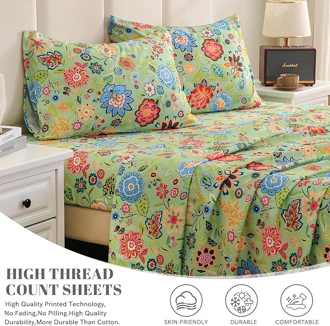Bedlifes Queen Sheet Set Ultra Soft, Breathable, Silky Flower Deep Pocket 100% Microfiber Bedding, 4 Piece Queen Size with Floral Sage Green