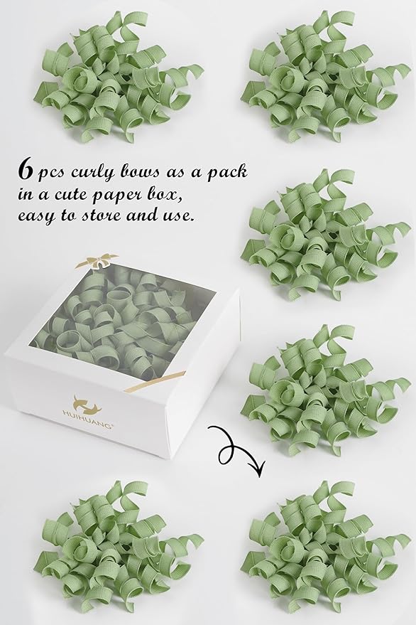 HUIHUANG Sage Green Bows for Gift Wrapping, Sage Curly Ribbon Bows Self Adhesive Burst Gift Bow for Presents, Wine Bottle, Treat Bags, Wrap Accessories, Bridal Shower Wedding Party Favor - 6 Counts