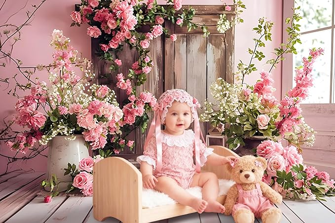 AOTOFO 10x6.5ft Rustic Wood Floral Backdrop for Baby Shower Newborn Studio Picture Photography Wooden Door Pink Flower Wall Background Wedding Bridal Shower Birthday Party Photoshoot Booth Banner