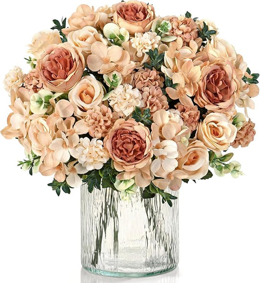4 Bundles Champagne Peonies Artificial Flowers Silk Flower Centerpieces for Tables Fake Flower Arrangements Mixed Roses Hydrangea with Stems for Wedding Bridal Bouquets Home Table Decor