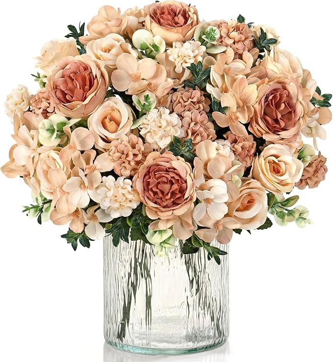 2 Bundles Champagne Peonies Artificial Flowers Silk Flower Centerpieces for Tables Fake Flower Arrangements Mixed Roses Hydrangea with Stems for Wedding Bridal Bouquets Home Table Decor