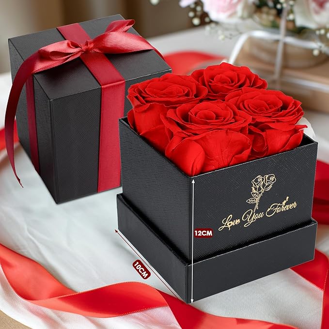 4 Preserved Flower, Fresh Flower Forever Roses in Square Shape Box, Immortal Roses Gift for Her Eternal Roses, 100% Real Roses, Birthday Gifts for Women, Wife, Her, Mom, Valentine's Day Gift - Red
