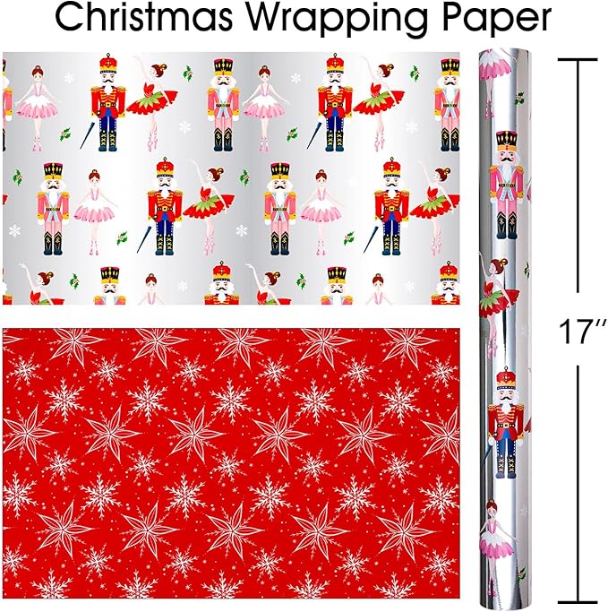 MAYPLUSS Christmas Nutcracker Wrapping Paper - 17 Inch X 33 Feet - Metallic Christmas Gift Wrapping Paper Featuring Holly Cute Ballet Girl Reversible Snowflakes for Holiday Party New Year Kids