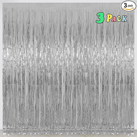 Foil Fringe Curtains Christmas Decorations - Melsan 3 Pack 3.2 x 8.2 ft Tinsel Curtain Party Photo Backdrop for Birthday Party Baby Shower or Graduation Decorations (Pure Silver)