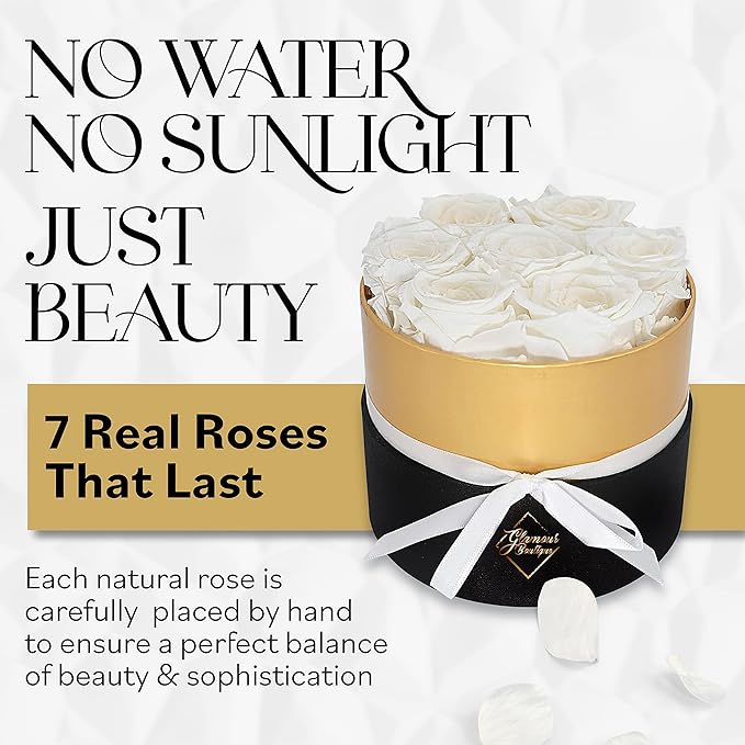GLAMOUR BOUTIQUE Eternal Preserved Roses in a Box - Flowers Forever, Rose Forever in a Box for Wife, Birthday Gifts for Her, 7 Roses, White