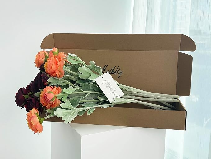 7pcs Silk Peonies Artificial Flowers, Faux Orange and Burgundy Peonies Mixed for Vase, Fake Flower Stems Arrangement for Home Kithcen Dining Table Centerpieces, Farmhouse Office Decoration