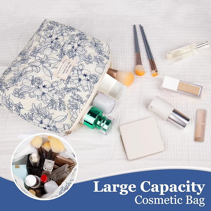 2PC Makeup Bag Set, Cute Cosmetic Bag for Women Girls, Floral Coquette Aesthetic Toiletry Bag, Travel Make Up Organizer Bag (Black Rose)
