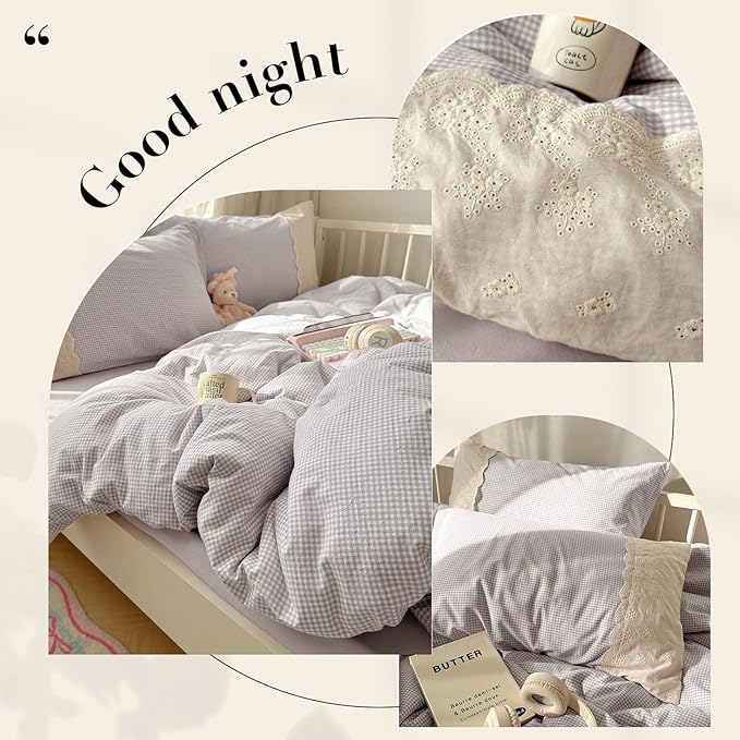 LifeTB Purple Gingham Duvet Cover Queen Cozy Washed Microfiber Purple Checkered Plaid Duvet Cover with 2 Pillowcases Romantic White Lace Comforter Cover 3 Pieces Gingham Grid Bedding Set