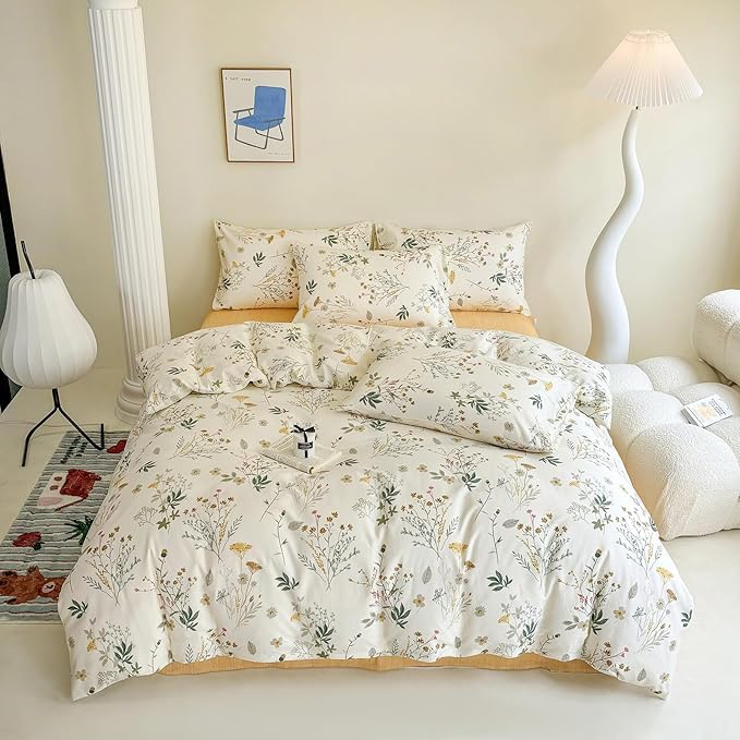 HighBuy Floral Duvet Cover Queen Boho Cozy Cotton Aesthetic Coquette Bedding Set Queen Yellow Flower Botanical French Style Comforter Cover with Zipper Soft Lightweight Duvet Cover Set for Queen Bed