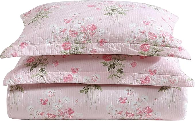Laura Ashley - King Quilt Set, Reversible Premium Bedding with Matching Shams, Coquette Room Decor (Veronicas Bouquet Pink, King)