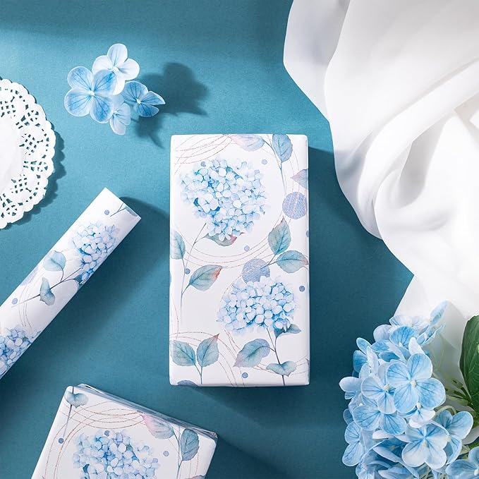 LeZakaa Blue Hydrangea Wrapping Paper Roll, Hydrangea Flowers Party Gift Wrap for Wedding, Bridal Shower, Baby Shower, Anniversary, Mother's Day, Birthday, DIY Bouquet, Mini Roll, 17 inches x 16.4Feet