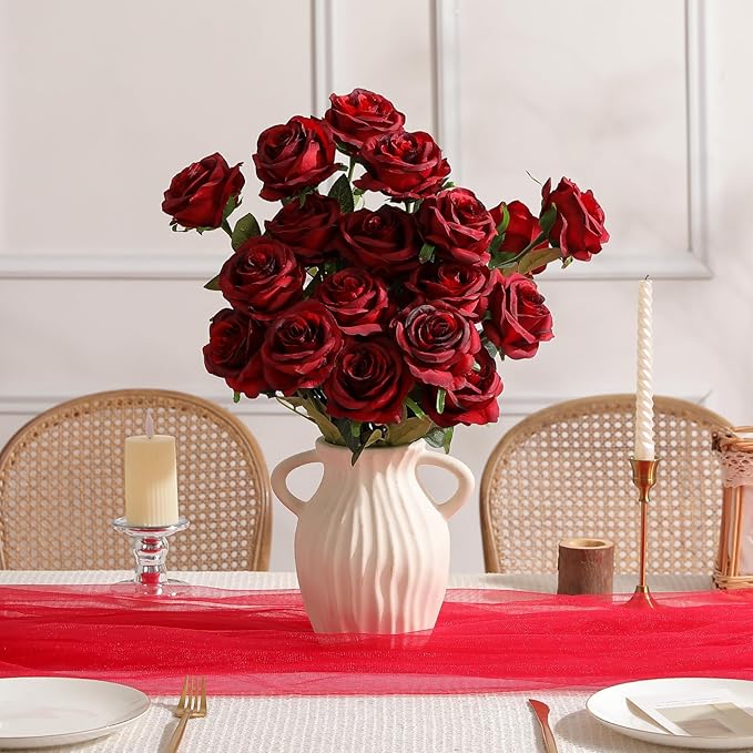 Nubry 24pcs Artificial Silk Roses Bulk,Fake Roses Flower with Stems Realistic Flowers for Wedding Centerpiece Home Party Decor(Burgundy)