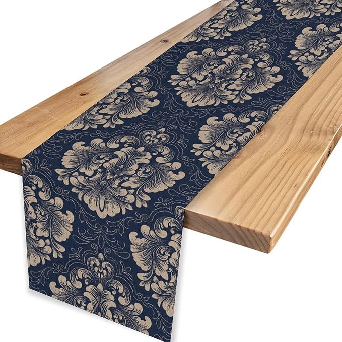 Vintage Damask Table Runner, Blue Classical Luxury Old Fashioned Damask Royal Victorian Flora Print Table Center Decor for Family Kitchen Table Decorations Indoor Outdoor 13x90 inch