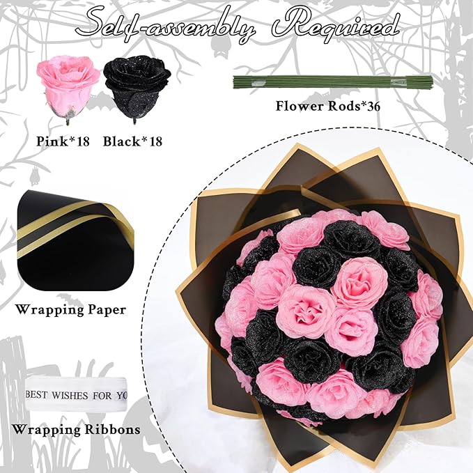 Waipfaru Glitter Roses Bouquet, DIY Black & Pink Halloween Flowers Bouquet, Artificial Fake Rose for Halloween, Wedding, Anniversary, Engagement, 36 Pcs